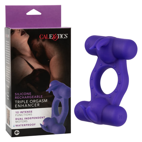 Silicone Rechargeable Triple Orgasm Enhancer in Purple with 12 Vibration Functions and Dual Independent Motors Purple Cock Rings Vibrating