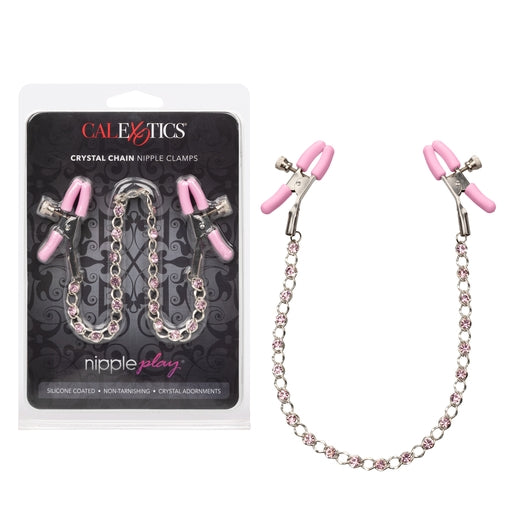 Nipple Play Crystal Chain Adjustable Nipple Clamps with Pink Silicone Coating and Sparkling Crystals Pink Nipple Clips