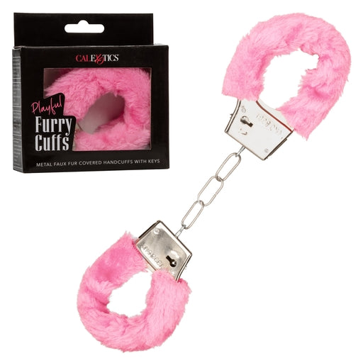Playful Furry Cuffs Pink Plush Faux Fur Covered Adjustable Handcuffs with Lock and Keys Pink Restraints