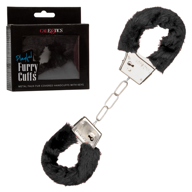Playful Furry Cuffs Black Faux Fur Covered Metal Handcuffs with Keys Adjustable Size Black Restraints