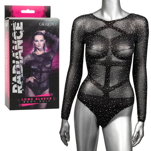 Radiance Long Sleeve Black Mesh Body Suit with Rhinestone Accents Black Bodystocking