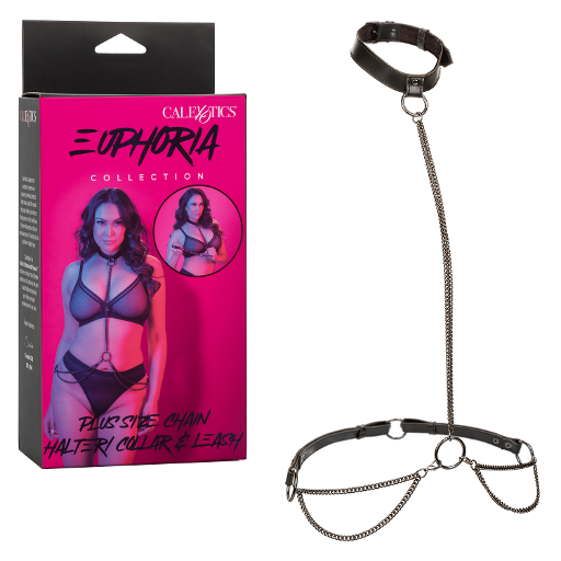 Euphoria Collection Plus Size Black Chain Halter Collar and Leash Set with Velvet Lining and Vegan Leather Black Womens Harnesses