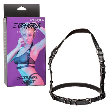 Euphoria Collection Halter Buckle Harness Vegan Leather with Velvet Interior Adjustable 25.5 Inch Strap and 39.5 Inch Underbust Black Womens Harnesses