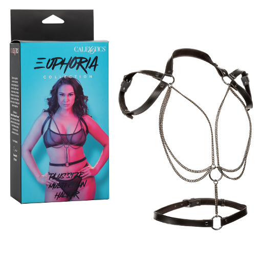 Euphoria Collection Plus Size Multi Chain Halter Harness with Vegan Leather and Velvet Interior, Adjustable Straps, Heavy Duty Metal Chain Black Womens Harnesses