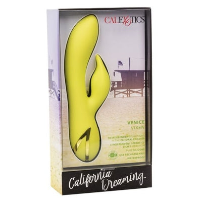 California Dreaming Venice Vixen Yellow Rechargeable Silicone Massager with 10 Vibration Functions and Waterproof Design Yellow VIBRATORS-RABBIT