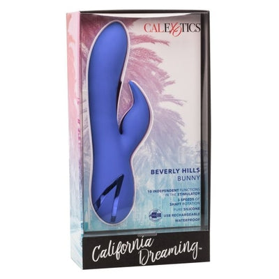 California Dreaming Beverly Hills Bunny Blue Silicone Rechargeable Massager with 10 Vibration Functions and 3 Shaft Rotation Speeds Blue VIBRATORS-RABBIT