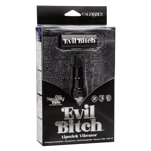 Naughty Bits Evil Bitch Black Lipstick Vibrator 4-Inch Rechargeable Waterproof Silicone Massager Black BULLETS