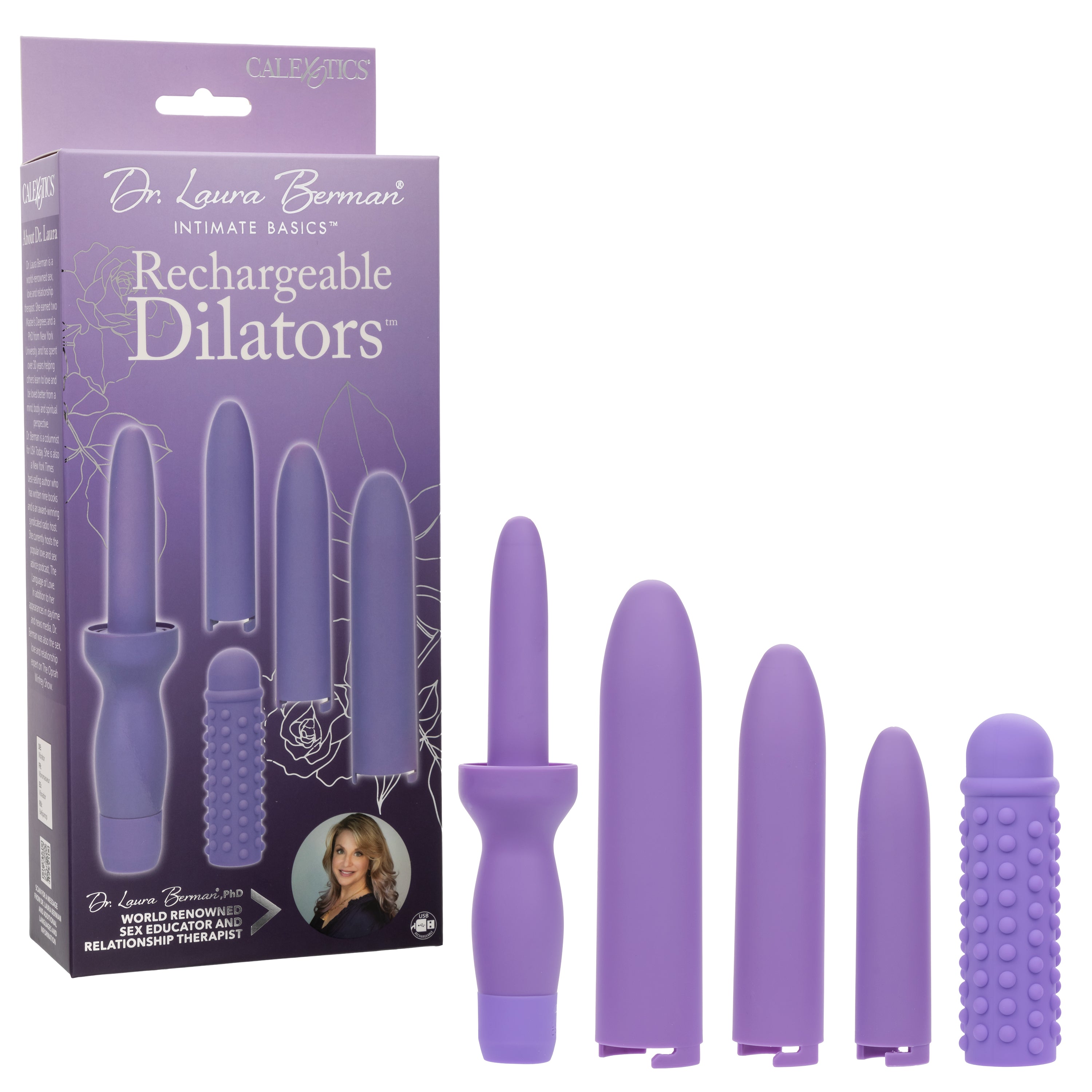 Dr. Laura Berman Rechargeable Dilators Set with Four Locking Sizes and Premium Silicone Textured Sleeve in Purple Purple Dilators
