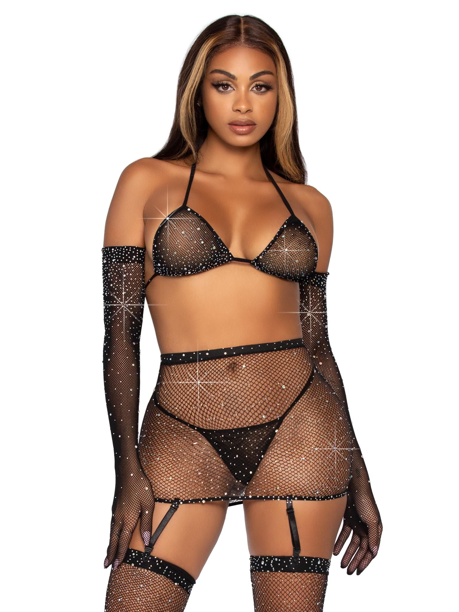 Black Rhinestone Bikini Lingerie Set with Garter Skirt and Gloves Lingerie Sets