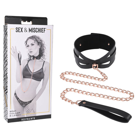 Sex and Mischief Brat Collar and Leash Black Restraint Black Restraints