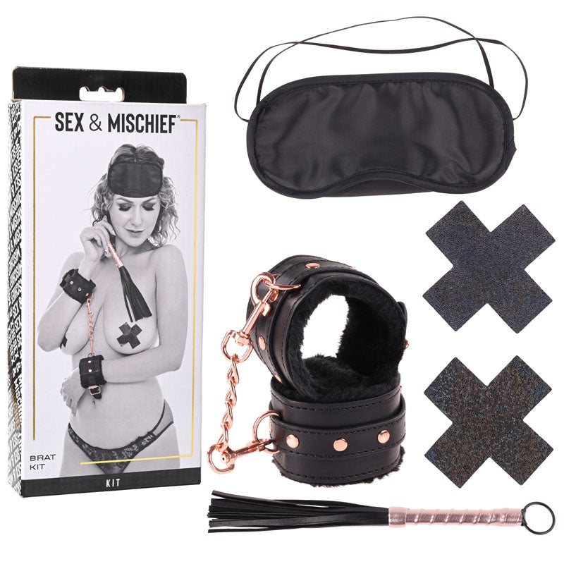 Sex & Mischief Brat Kit with Wrist Restraints and Flogger Black Restraints