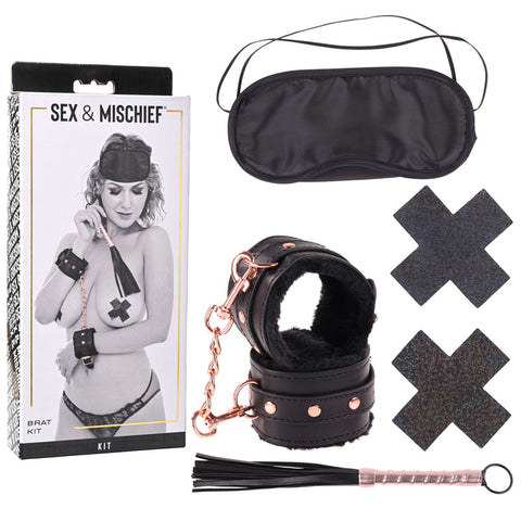 Sex & Mischief Brat Kit with Wrist Restraints and Flogger Black Restraints