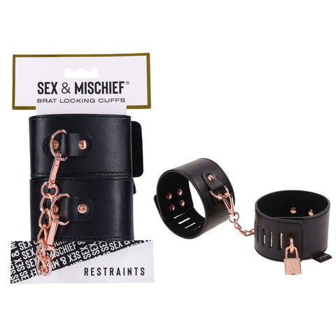 Sex & Mischief Brat Locking Cuffs - Rose Gold Hand Cuffs Black Restraints