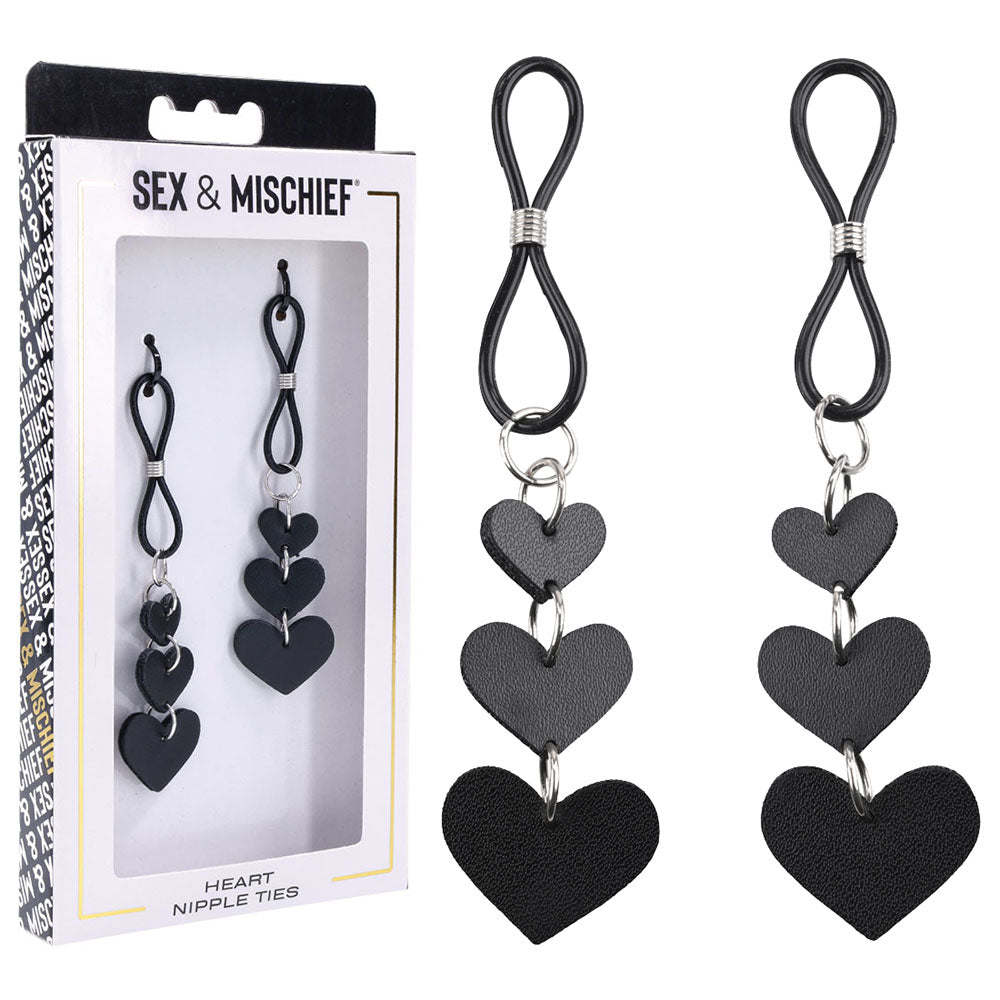 Heart Nipple Ties Black Faux Leather Sensual Adult Accessory Black > Sex Toys > Nipple Clips