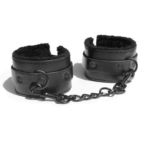 Sex & Mischief Shadow Fur Handcuffs - Black Vegan Leather Restraints with Soft Faux Fur Interior, Comfortable BDSM Handcuffs with 14 cm Chain, 23 cm Length, Nickel-Free Metal, Body Safe Material Restraints
