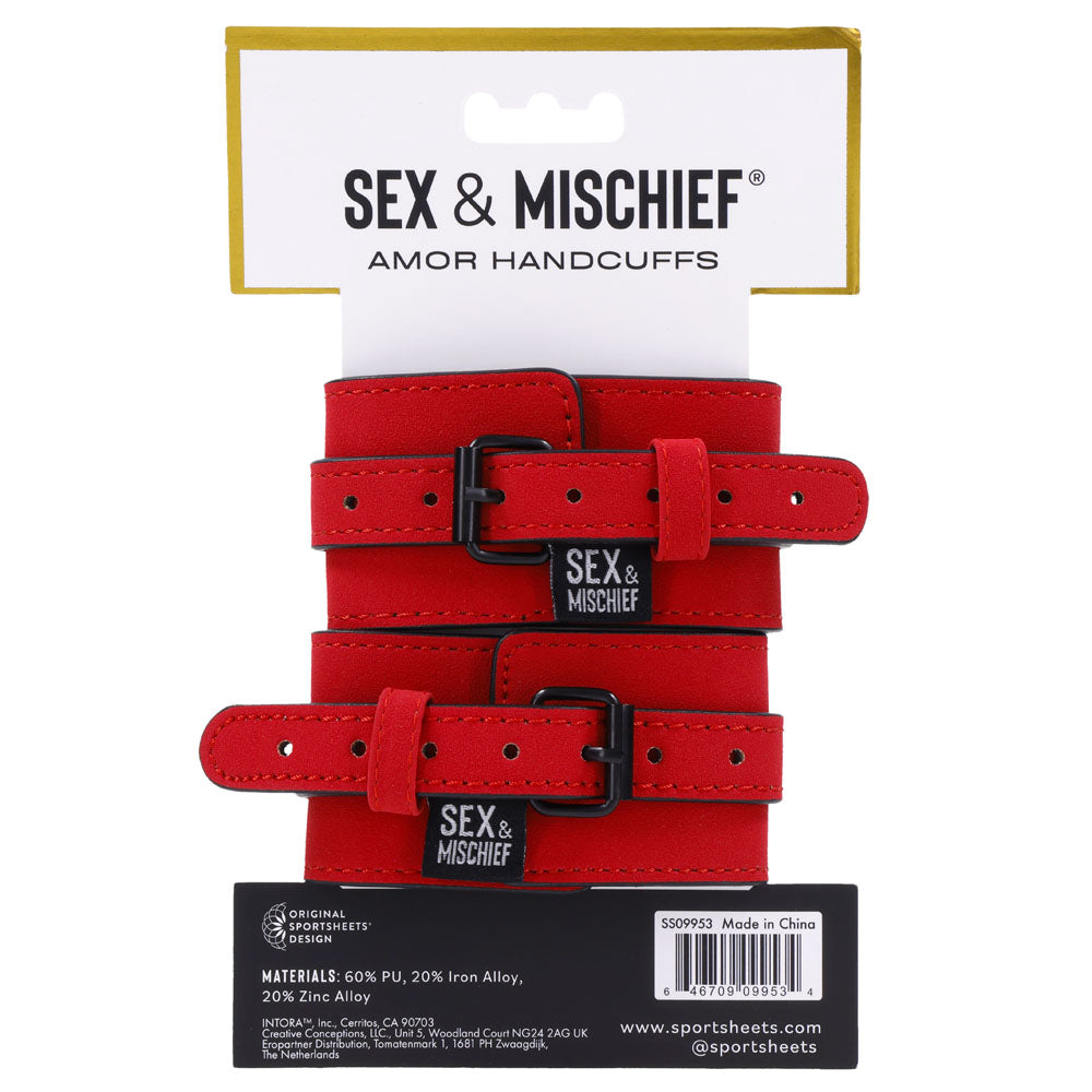 Sex & Mischief Amor Handcuffs in Red Vegan Leather Restraints