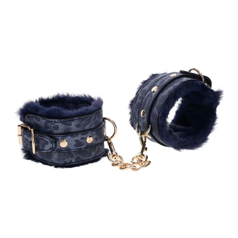 Sex and Mischief Navy and Gold Faux Fur Handcuffs with Adjustable Size and Chain Detailing Restraints