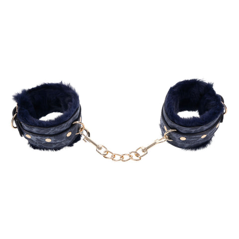 Sex and Mischief Navy and Gold Faux Fur Handcuffs with Adjustable Size and Chain Detailing Restraints