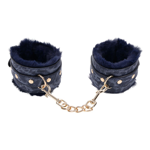 Sex and Mischief Navy and Gold Faux Fur Handcuffs with Adjustable Size and Chain Detailing Restraints