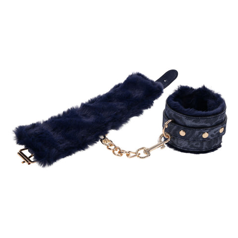 Sex and Mischief Navy and Gold Faux Fur Handcuffs with Adjustable Size and Chain Detailing Restraints