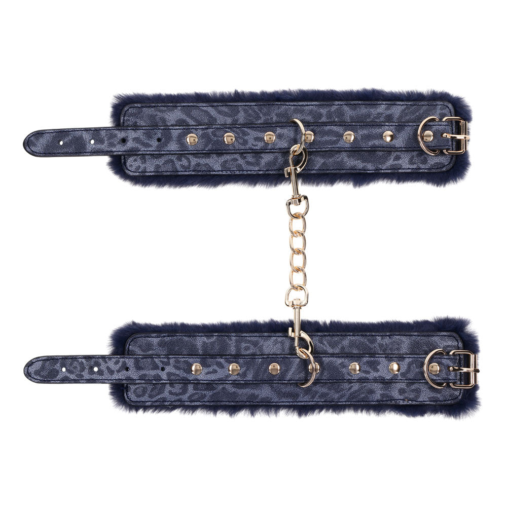 Sex and Mischief Navy and Gold Faux Fur Handcuffs with Adjustable Size and Chain Detailing Restraints