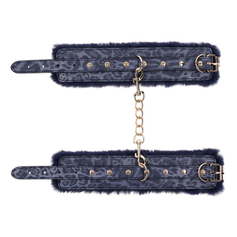 Sex and Mischief Navy and Gold Faux Fur Handcuffs with Adjustable Size and Chain Detailing Restraints