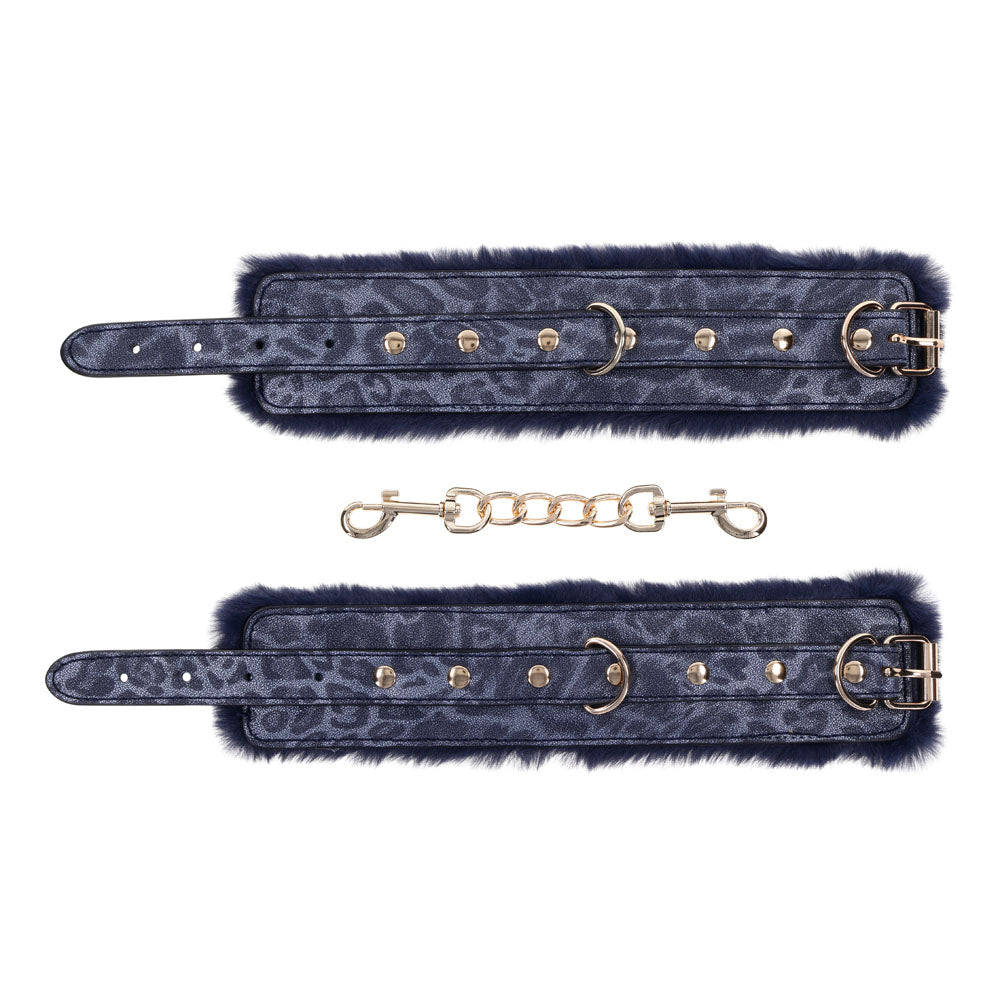 Sex and Mischief Navy and Gold Faux Fur Handcuffs with Adjustable Size and Chain Detailing Restraints