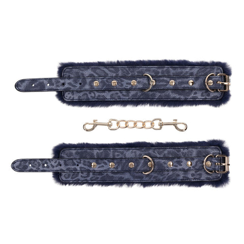 Sex and Mischief Navy and Gold Faux Fur Handcuffs with Adjustable Size and Chain Detailing Restraints