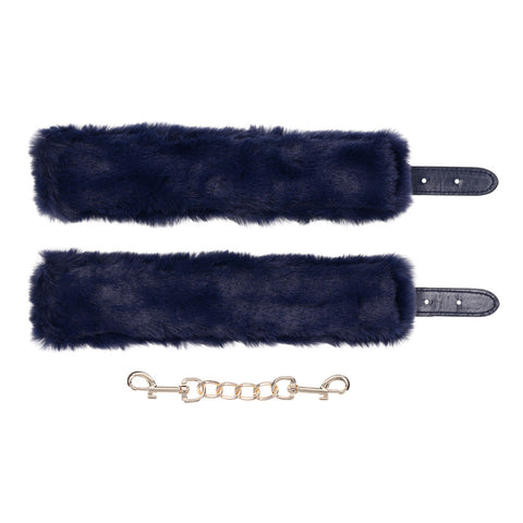 Sex and Mischief Navy and Gold Faux Fur Handcuffs with Adjustable Size and Chain Detailing Restraints