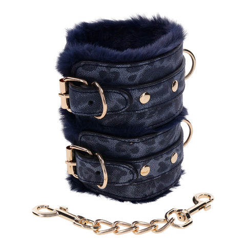 Sex and Mischief Navy and Gold Faux Fur Handcuffs with Adjustable Size and Chain Detailing Blue Restraints