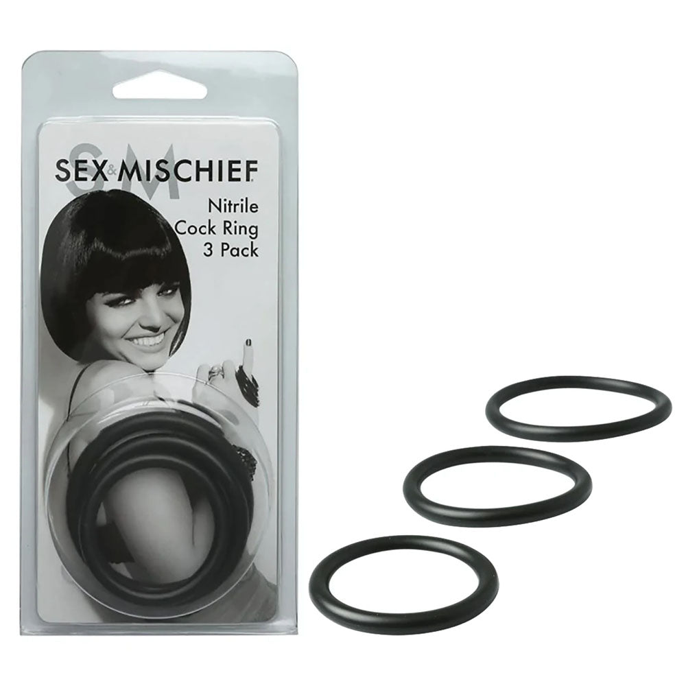 Sex and Mischief Nitrile Cock Ring Set 3 Pack for Enhanced Pleasure Black COCK RING Set