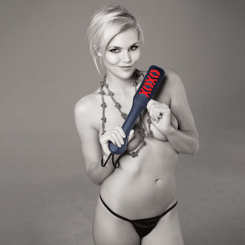 Sex & Mischief XOXO Black Vinyl Paddle with Red Cheeky Design, 30 cm Length, Includes matching Wrist Strap