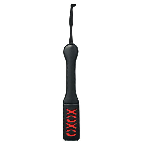Sex & Mischief XOXO Black Vinyl Paddle with Red Cheeky Design, 30 cm Length, Includes matching Wrist Strap Whips & Paddles