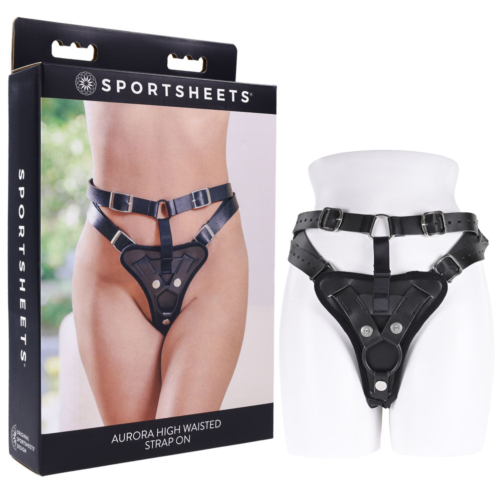 Sportsheets Aurora High Waisted Strap On Adjustable Strap-On Harness No Probe Included Black Size Up to 60 Inches Hip Black Harnesses & Strap-Ons