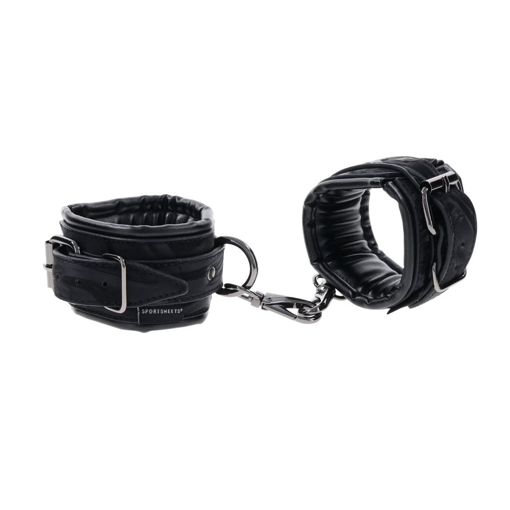 Sportsheets Velvet Noir Handcuffs Adjustable Cuff Restraints in Black Leather with Hematite Hardware > Bondage Gear > Restraints