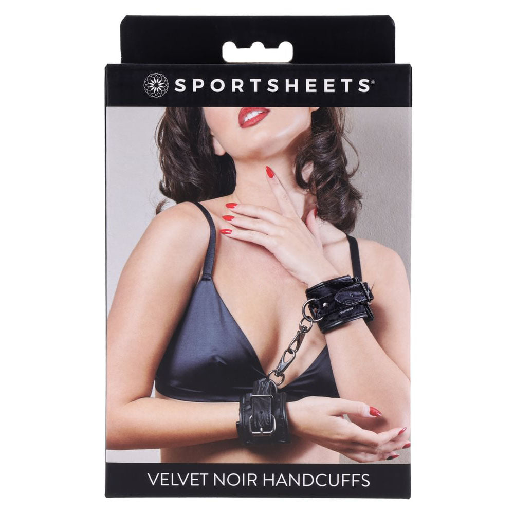 Sportsheets Velvet Noir Handcuffs Adjustable Cuff Restraints in Black Leather with Hematite Hardware, Adjustable for Wrist up to 24 cm Restraints
