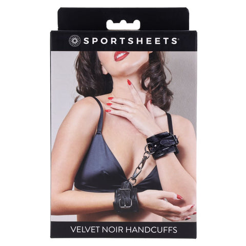 Sportsheets Velvet Noir Handcuffs Adjustable Cuff Restraints in Black Leather with Hematite Hardware, Adjustable for Wrist up to 24 cm Restraints
