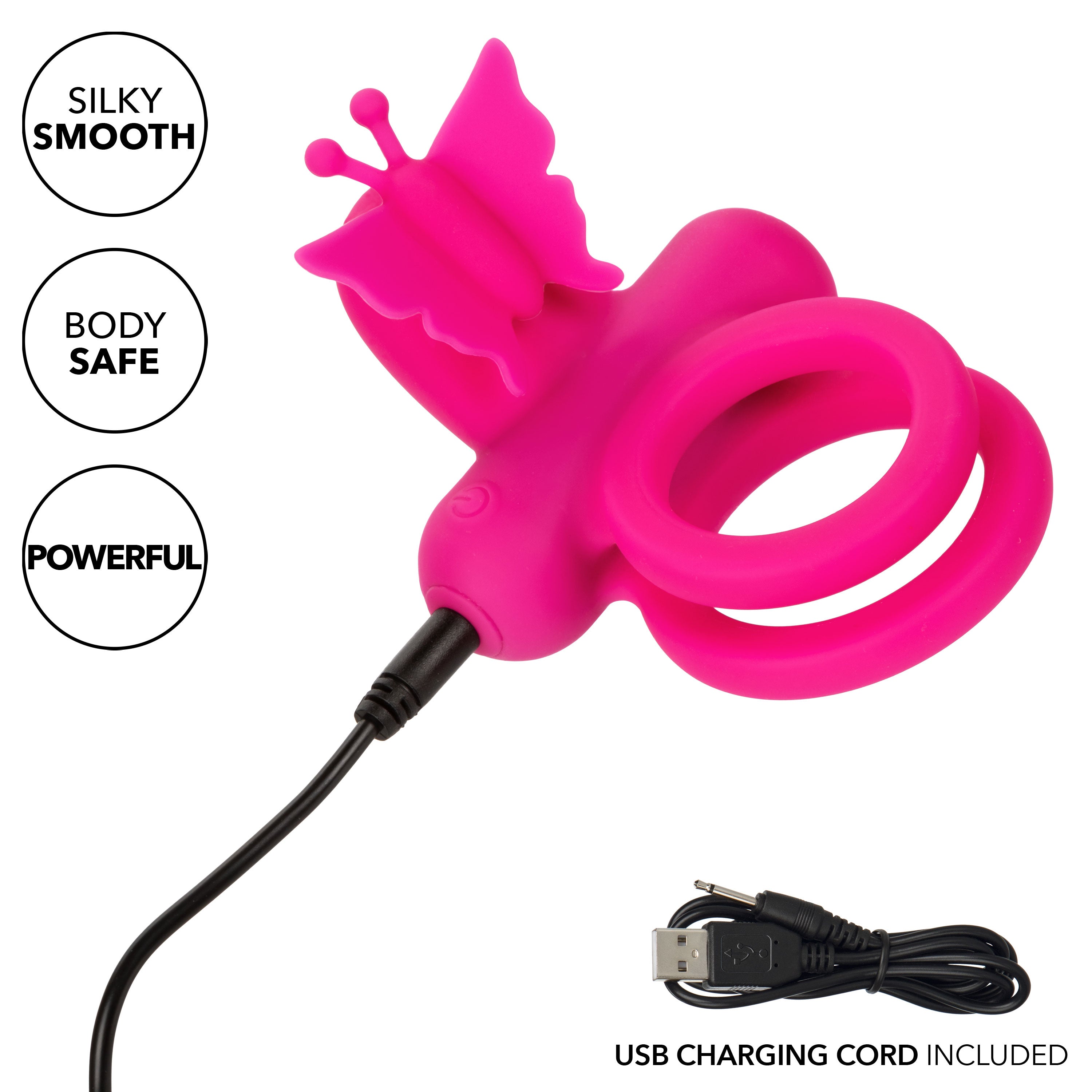 CalExotics Silicone Rechargeable Pink Butterfly Dual Ring with 12 Vibration Functions and Waterproof Design Cock Rings Vibrating