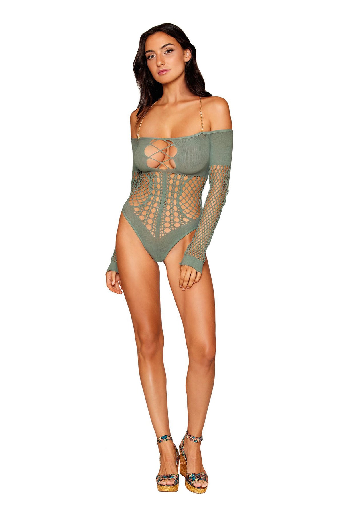 Seamless Long Sleeve Teddy Lingerie With Gold Halter Chain Sage > Clothes > Teddies