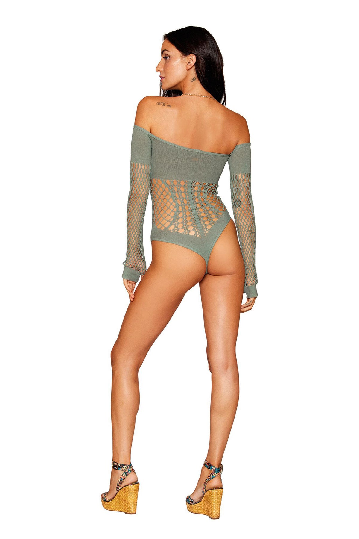 Seamless Long Sleeve Teddy Lingerie With Gold Halter Chain Sage > Clothes > Teddies