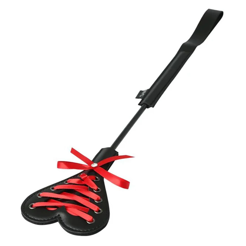 Sex & Mischief Heartbeat Crop in Red with 37.5 cm Length, Red and Black Color, Includes a Lace-Design Whip and Heart-Shaped Laced Paddle Whips & Paddles