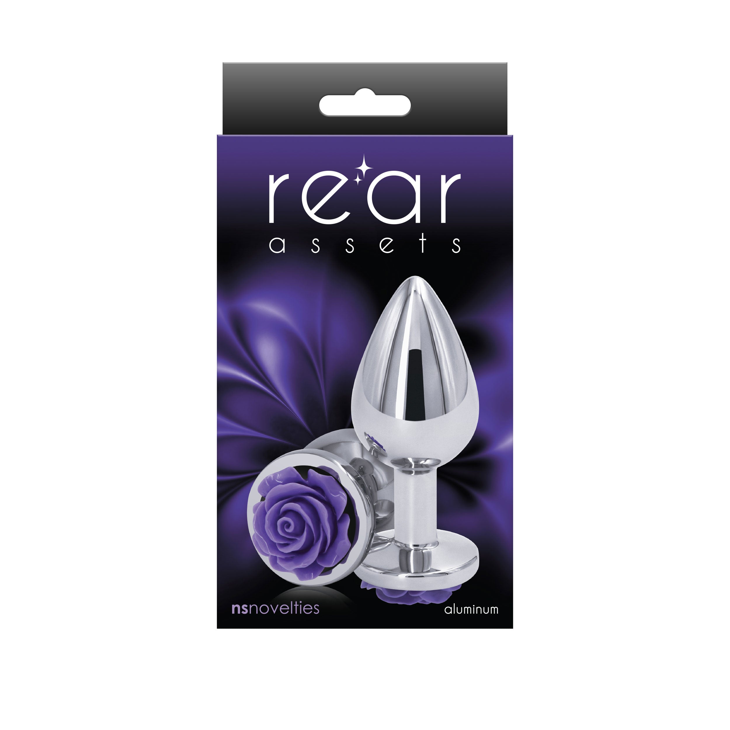 Rear Assets Rose Medium 8.9 cm Metal Butt Plug with Purple Base Silver > Anal Range > Jewel Butt Plugs