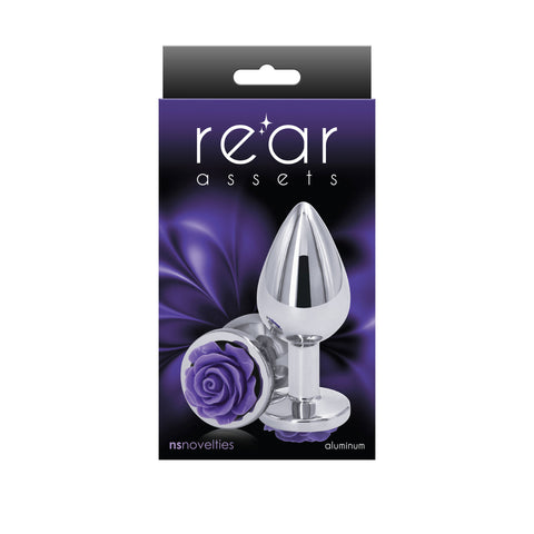 Rear Assets Rose Medium 8.9 cm Metal Butt Plug with Purple Base Silver > Anal Range > Jewel Butt Plugs
