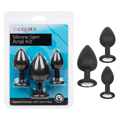 Silicone Gem Anal Kit with 3 Graduated Black Silicone Plugs and Gem Inlay > Anal Range > Butt Plug Kits