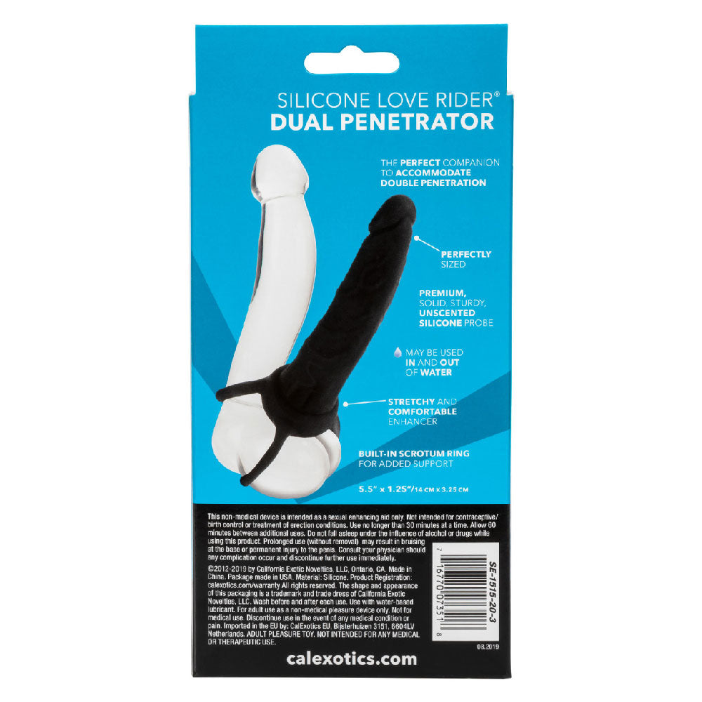 Silicone Love Rider Dual Penetrator Black Silicone Penis Shaped Stimulator with Built-In Scrotum Ring COCK RINGS
