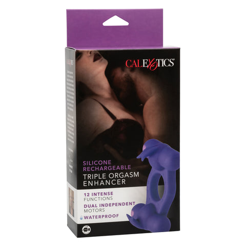 Silicone Rechargeable Triple Orgasm Enhancer in Purple with 12 Vibration Functions and Dual Independent Motors Cock Rings Vibrating