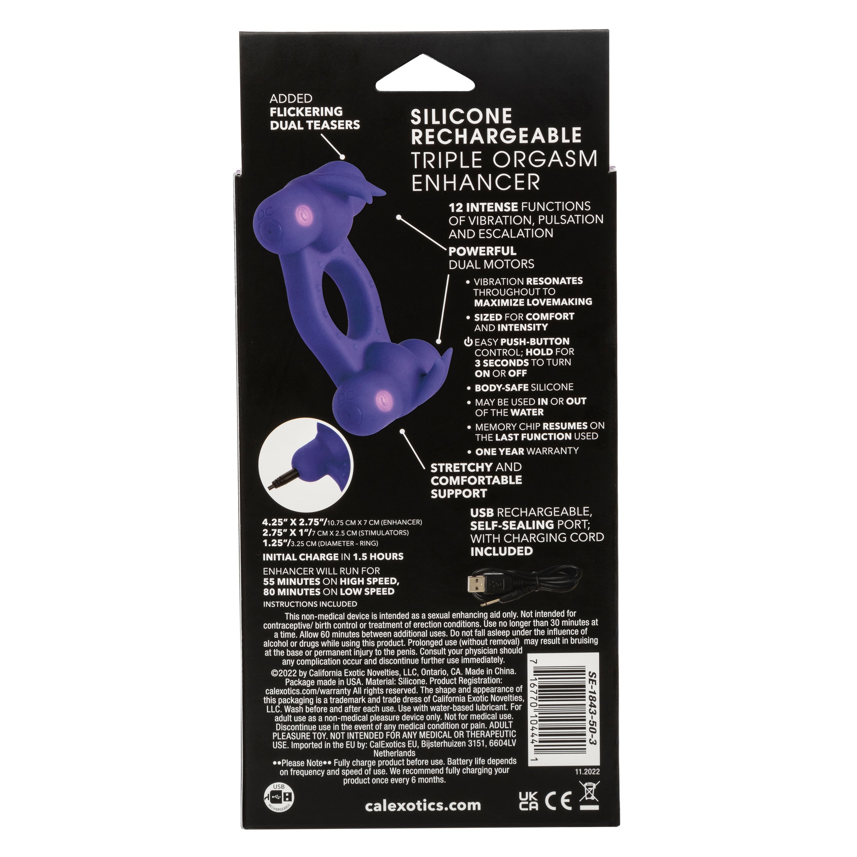 Silicone Rechargeable Triple Orgasm Enhancer in Purple with 12 Vibration Functions and Dual Independent Motors Cock Rings Vibrating