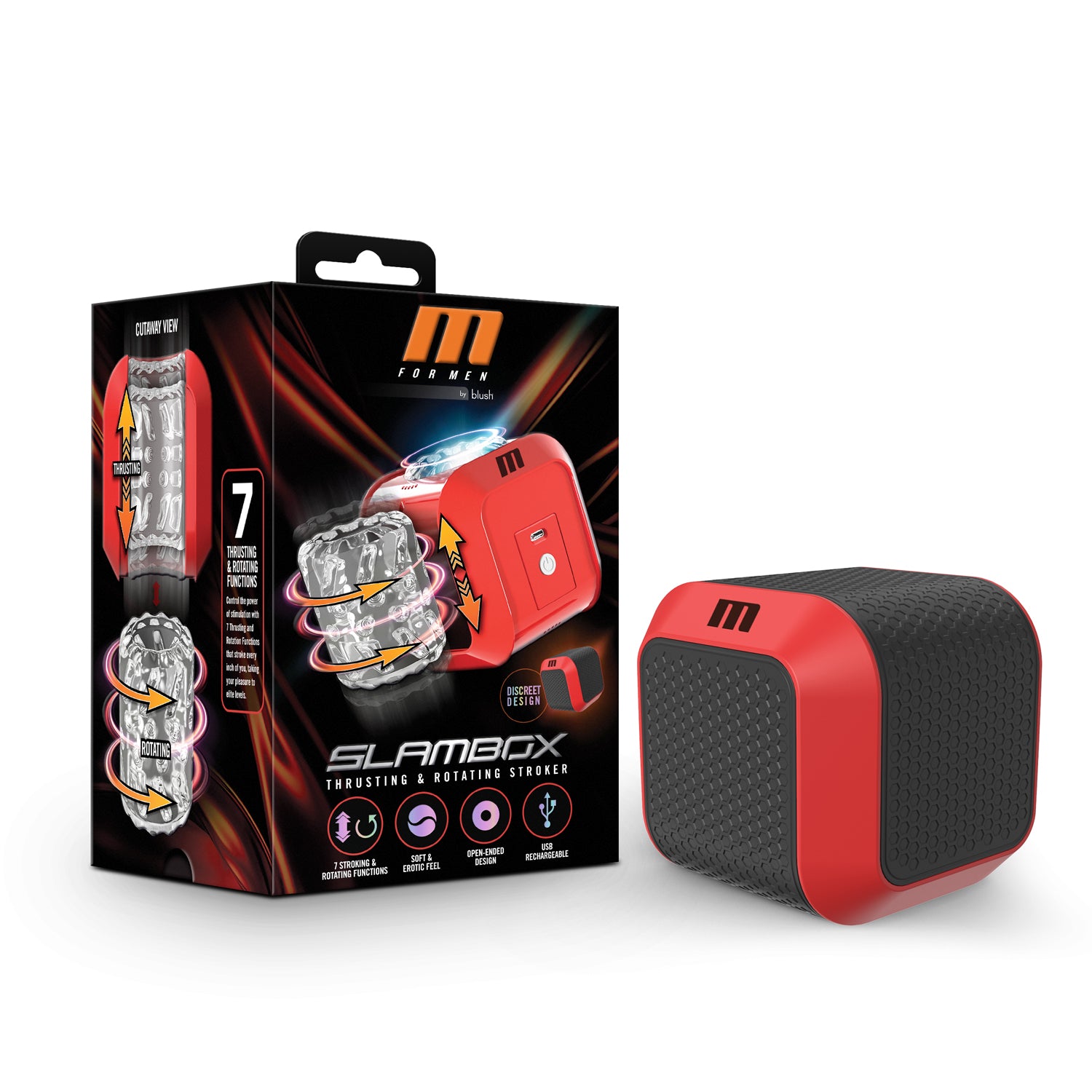 M for Men Slambox Male Masturbator with 7 Rotation Modes Red > Sex Toys For Men > Masturbators > Vibrating