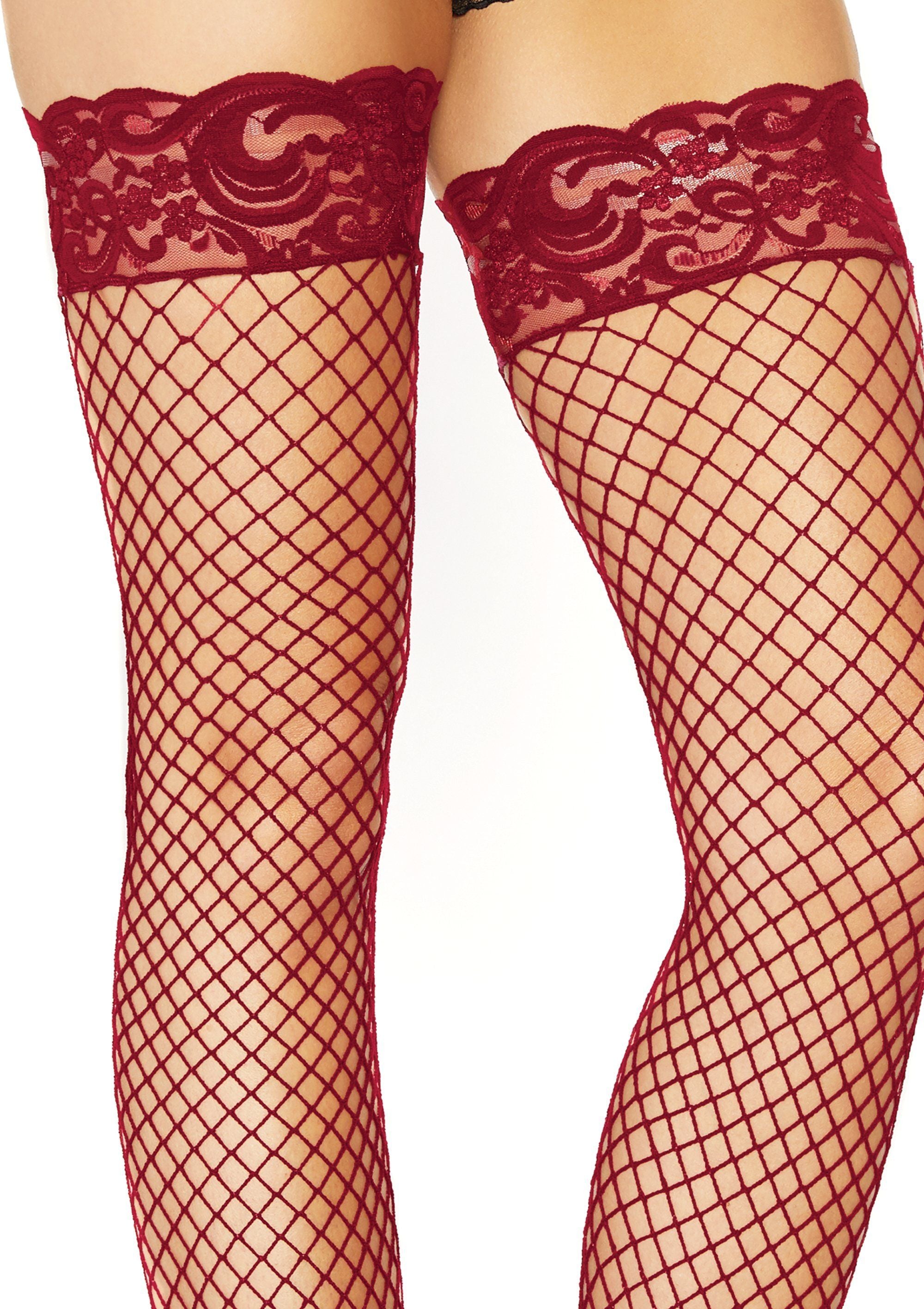 Stay Up Fishnet Thigh High Stockings in Burgundy One Size > Clothes > Hosiery > Stockings