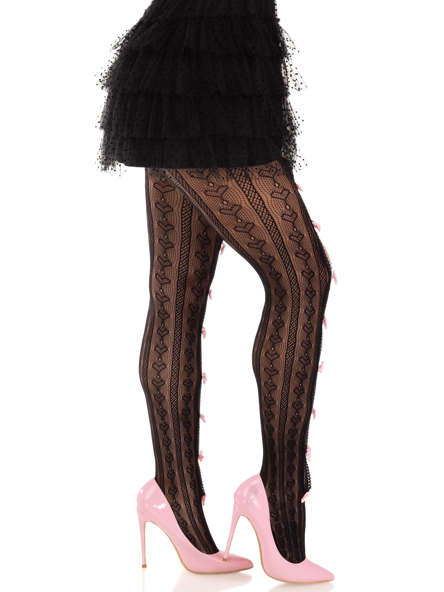 Sweetheart Striped Net Tights with Keyhole and Mini Bow Hosiery